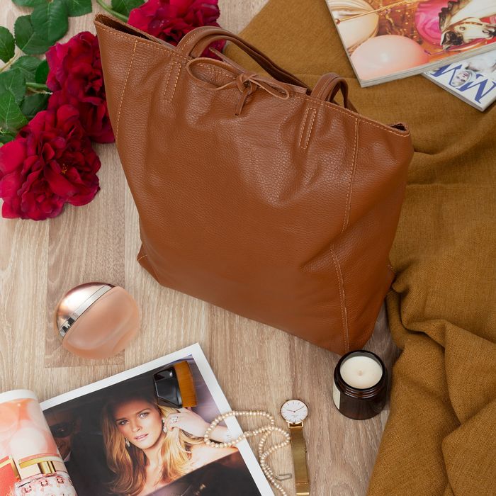 VERA PELLE torebka damska skórzana shopper z rzemykami V501 camel