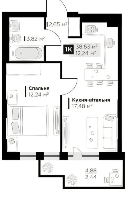 Від власника. 1-кімнатна квартира у Винниках 38,63 м². Без комісії. Переуступка