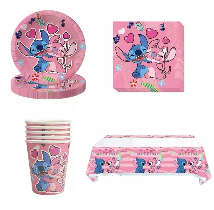 zestaw urodzinowy lilo stitch 86 elementów talerzyki kubki obrus balon
