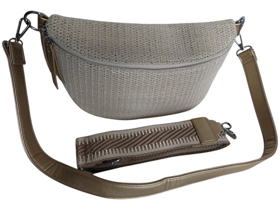 Beżowa Saszetka Damska z Wikliny na Ramię - Torebka Miejska 2 Paski