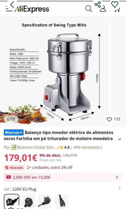 Moinho profissional de especiarias ou café, spice mill for grains or c