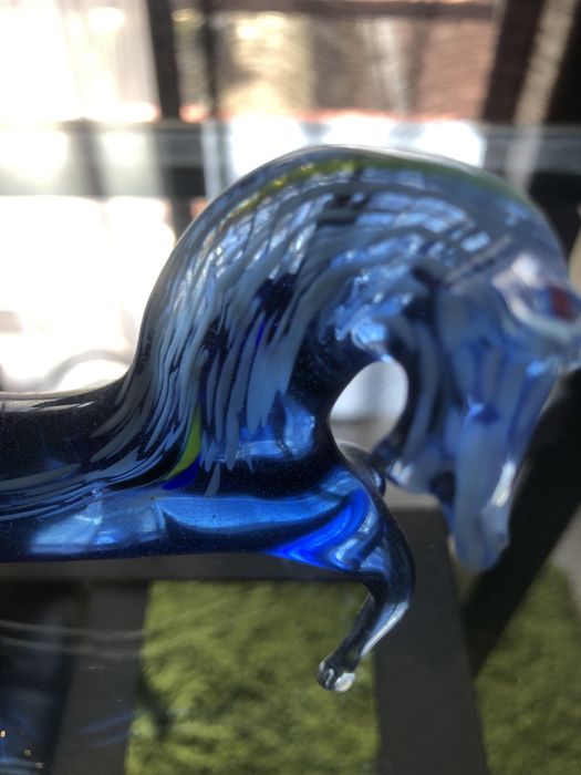 Cavalo em Vidro Soprado Azul Estilo Murano - Peça Decorativa Itália