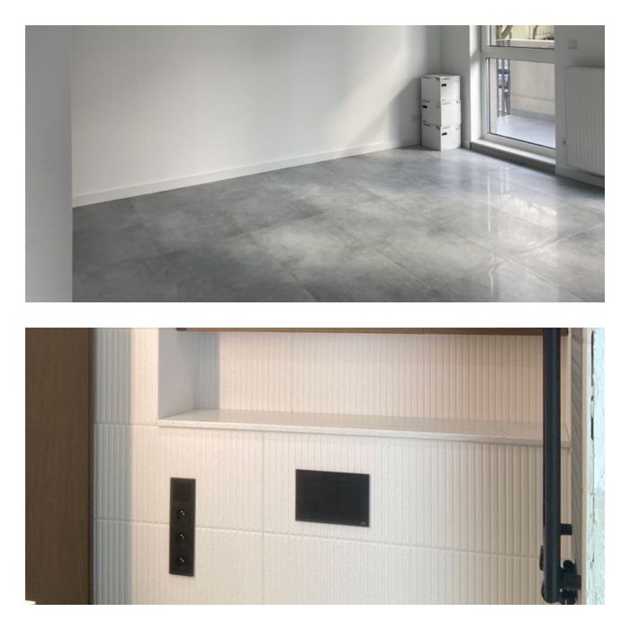 5,4m2 + 1,8m2 - gres szary 120x60 i białe lamele 90x30