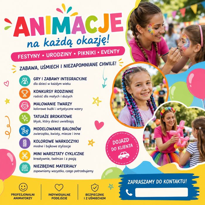 Animator dla dzieci | Urodziny, Festyny, Pikniki | Malowanie Twarzy, Balony