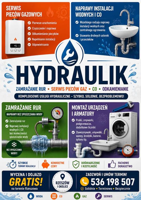 Hydraulik, Zamrażanie Rur, Serwis Pieców Gaz, CO, Odkamienianie