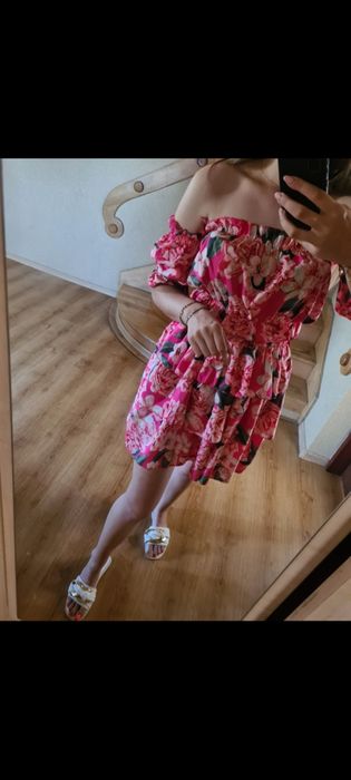 Różowy komplet sukienka spódniczka top hiszpanka w kwiaty boho M38