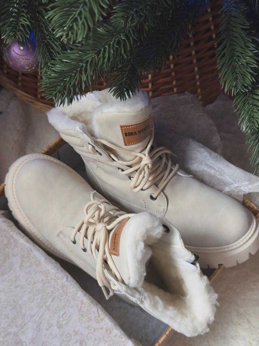 Жіночі зимові черевики стиль Timberland | Шкіра + овчина