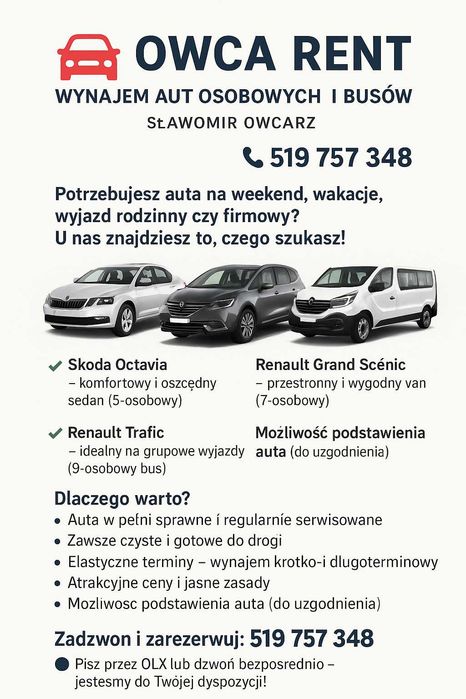 Wynajem auto osobowe oraz busy 9cio osobowe