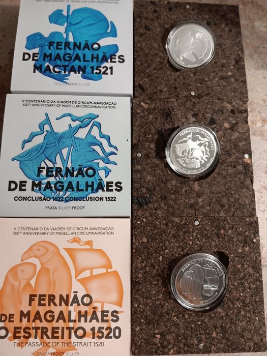 3 moedas prata prof de 7,50€ Fernão de Magalhães