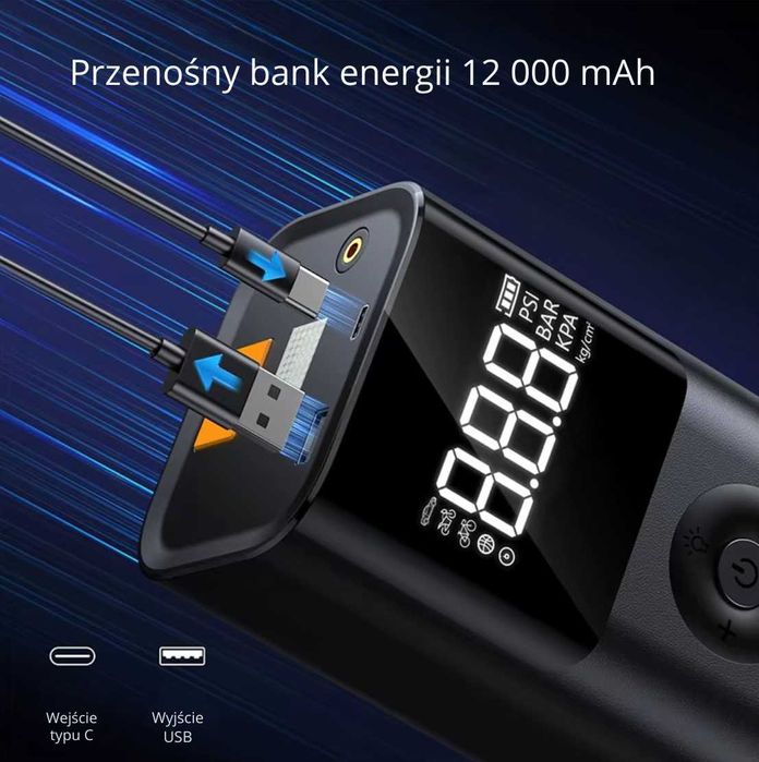 Urządzenie Rozruchowe Jump Starter Booster KOMPRESOR POWERBANK 12000mA