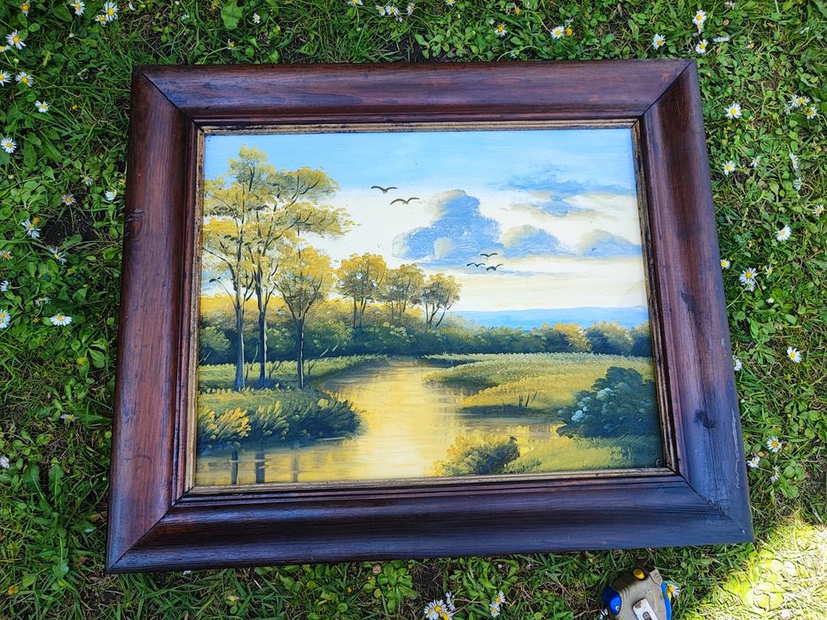 Solidna drewniana rama 62x51 cm z obrazem olejnym (pejzaż)