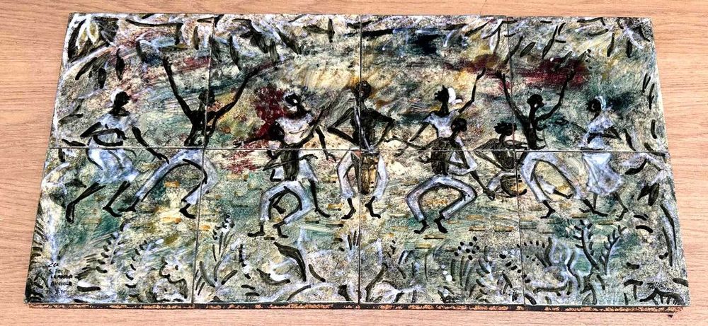 Painel antigo 8 azulejos representando dança africana