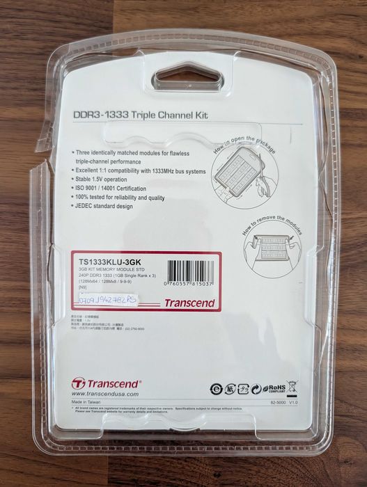 Memória RAM Transcend 3GB (3x1GB) DDR3 1333MHz – Kit Triple Channel