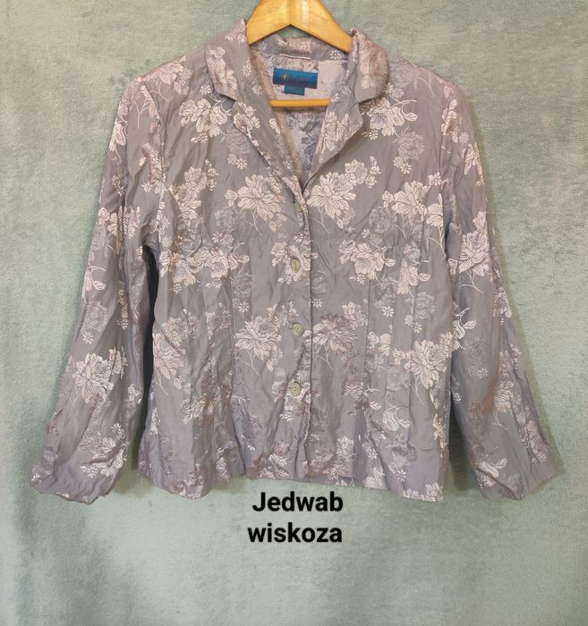 Srebrna stalowa marynarka w kwiaty połysk vintage Monsoon jedwab