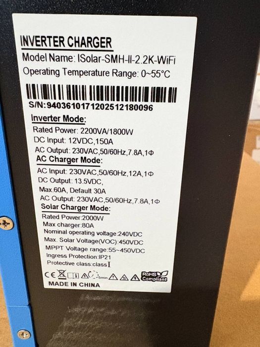 Гібридний сонячний інвертор Easun power 2.2 12v 2200va/1800w wifi