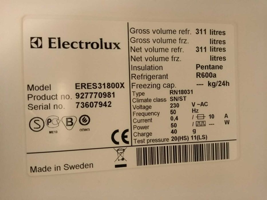 Холодильник Electrolux ERES31800X, NoFrost в/ш/г180/59/63, Швеция