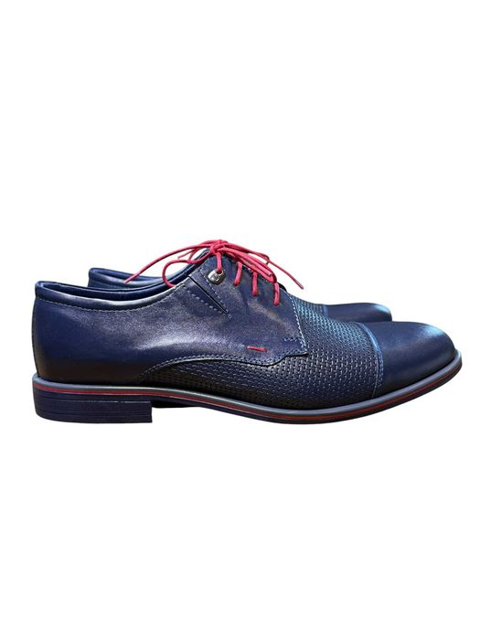 Buty męskie eleganckie skórzane wizytowe niebieskie granat półbuty Derby rozmiar 45 ODG70PO NIEBIESKI CZERWONA NIĆ OZDOBNA