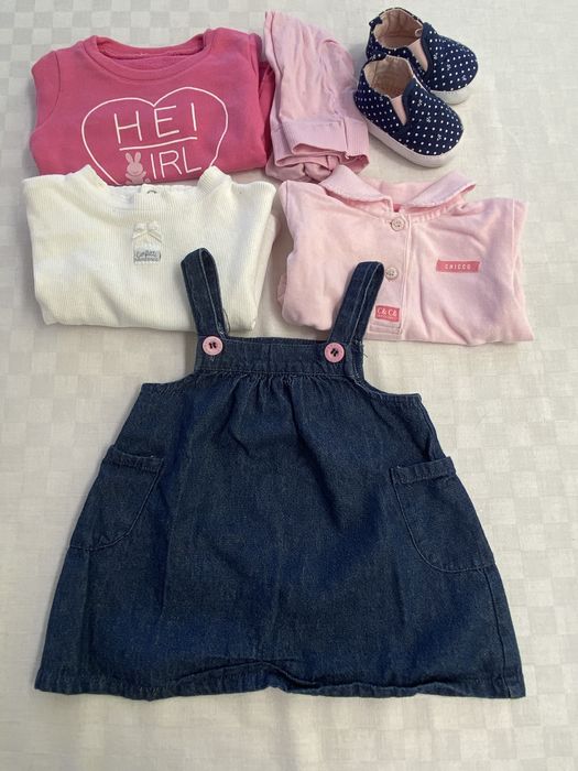 Conjunto saia de peito, blusa, polo de bebé menina