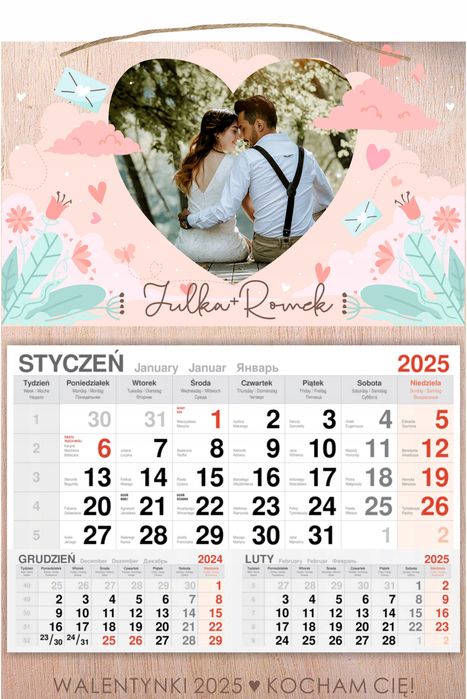 kalendarz 2025 jednodzielny drewniany prezent na walentynki ze