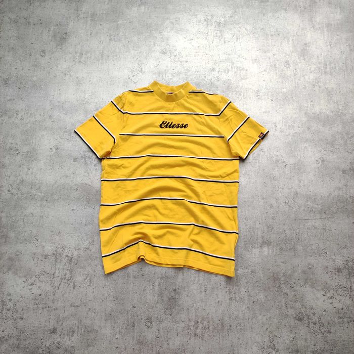 MĘSKA Koszulka Żółta Paski w Stylu RETRO Ellesse Haft Logo Casual