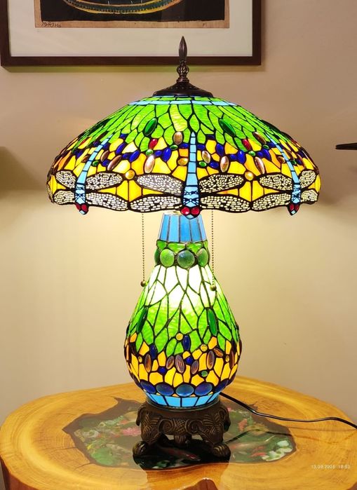 Duża Lampa witrażowa ważka zielona