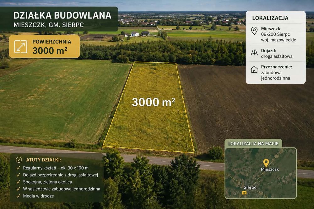 OKAZJA! DZIAŁKA BUDOWLANA ! Tylko 3km od centrum Sierpca