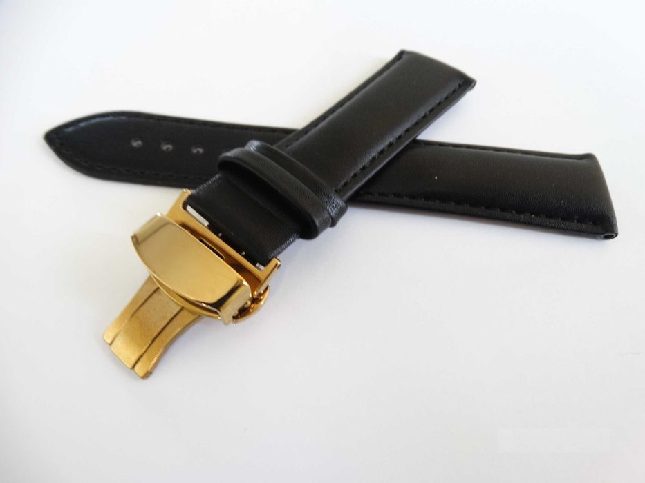 Czarny skórzany pasek do zegarka 18mm złote zapięcie motylkowe