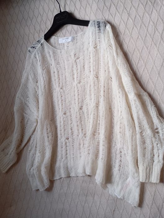 PRIMARK Premium M-XL ażurowy sweter z wełną i alpaką oversize ecru