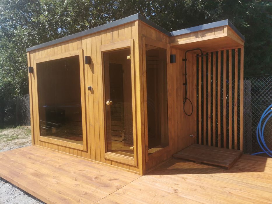 Sauna Ogrodowa Ocieplona zewnętrzna 4,5x2m Prysznic Piec Delux