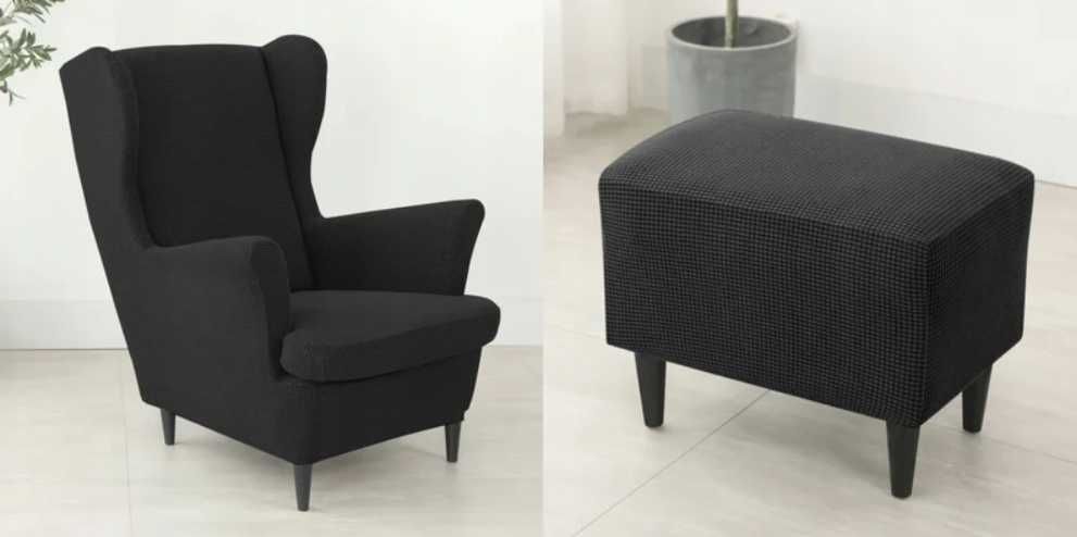 Zestaw pokrowiec na fotel uszak + na podnóżek NOWY czarny żakard