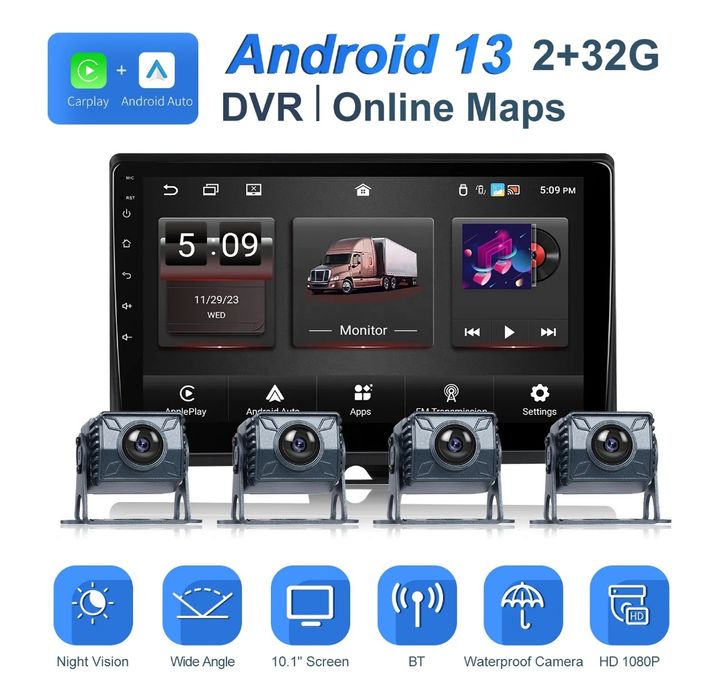 Kit 4 Câmaras e Monitor 10" WiFi Carplay Android Auto GPS 2/32GB