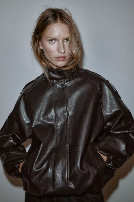 Куртка zara, куртка зі штучної шкіри з високим коміром zara, коричнева куртка під шкіру zara