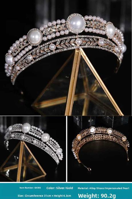 NOWA TIARA korona ślubna perły + złoto