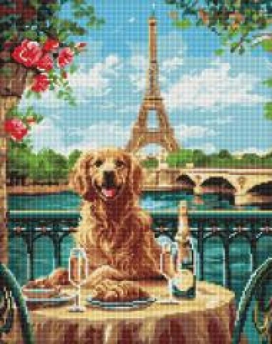 Diamentowa mozaika - Retriever w Paryżu 40x50cm Ideyka pudełko,