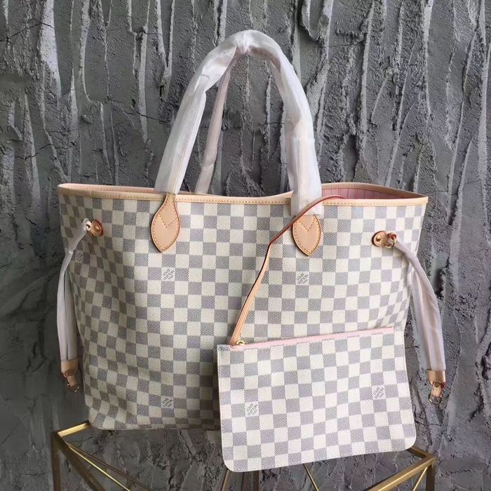 Torebka damska shopper Louis Vuitton Neverfull GM biała kratka skóra