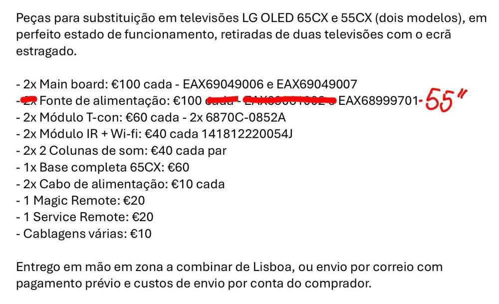 Peças de substituição para televisão TV LG OLED 55CX6 e 65CX6