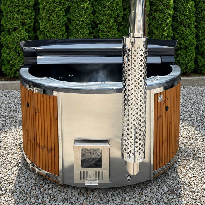 Bogato wyposażona BALIA OGRODOWA akrylowa HARMONY 200 cm | Z piecem na drewno Hydromasazem Aeromasaz LED AKRYL Okrągła Termodrewno Jacuzzi Ruska Bania
