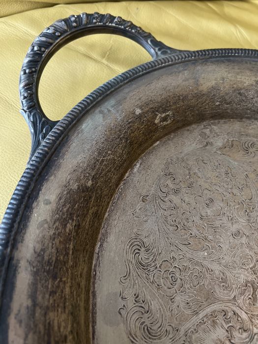 Stara posrebrzana grawerowana taca solidna 61/39 cm