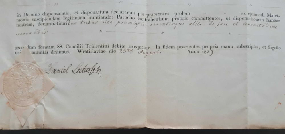 Biskup Daniel Latussek Bralin Kępno Nowa Sól akt dyspensy ślub 1839