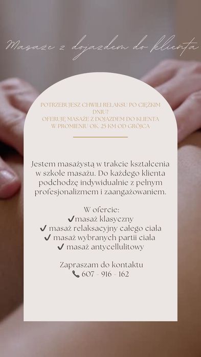 Masaż relaksacyjny, klasyczny, antycellulitowy z dojazdem do klienta, konkurencyjne ceny