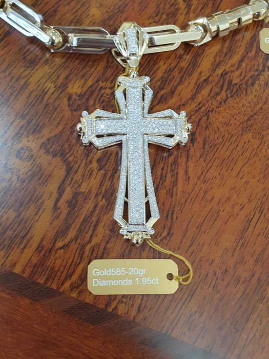 Złoty Łańcuch-87,5gr +KRZYŻ Z DIAMENTAMI-288 szt.-1,95 ct.- próba 585.