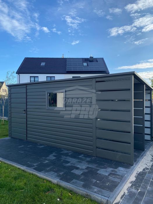 Schowek Domek ogrodowy 3,8x2,5m + wiata 1,2m drzwi okno dach GP459