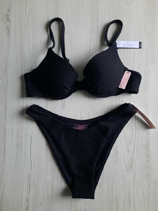 Черный купальник Victoria's secret пуш-ап сдельный бандо стринги S M L портупея стразы с камнями утяжка с бахромой сексуальный плавки бразилиана