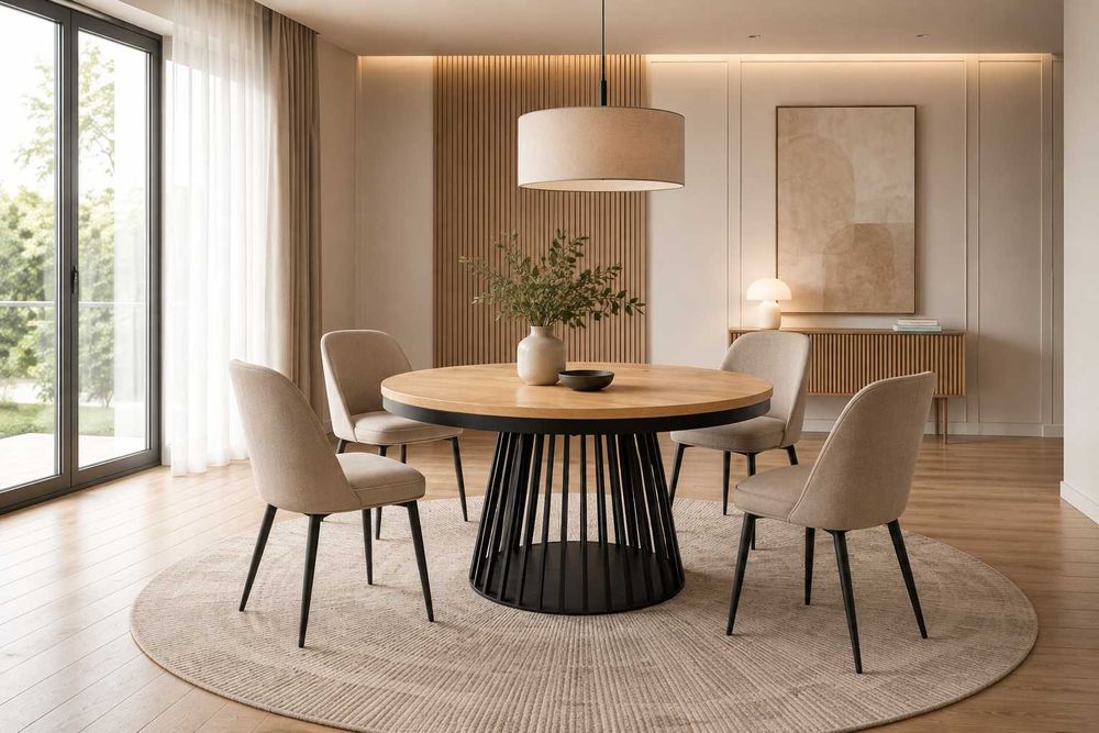 Nowoczesny okrągły stół dębowy LAMELLO Loft | Lite Drewno | Rozkładany | Producent