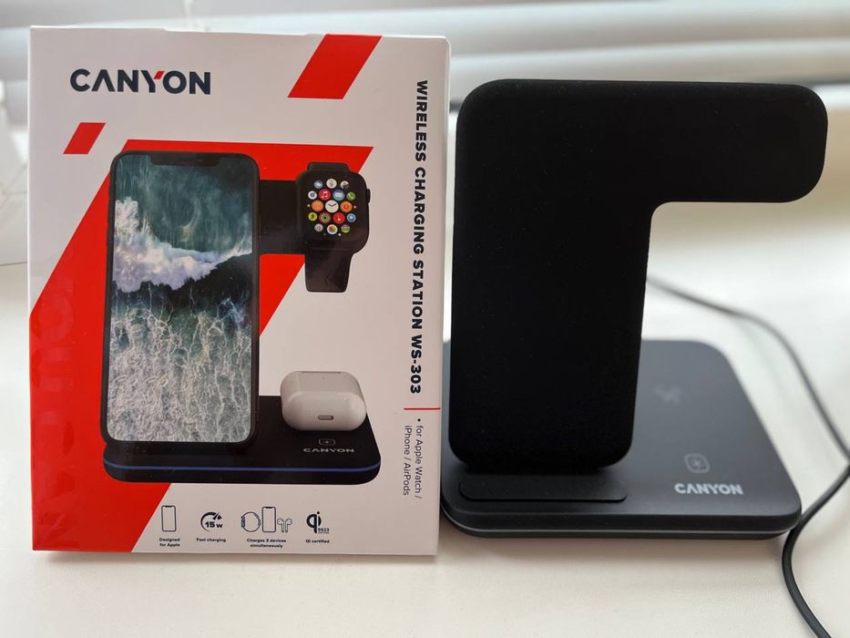 Бездротовий зарядний пристрій Canyon WS-303 3 в 1 QI Black