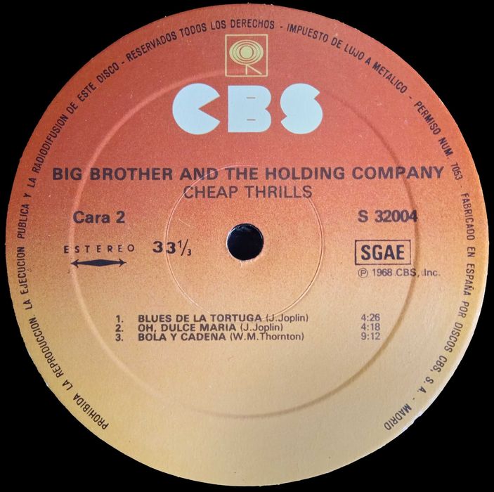 Janis Joplin - Big Brother And The .. - - - - -	Cheap Thrills	- - -	LP