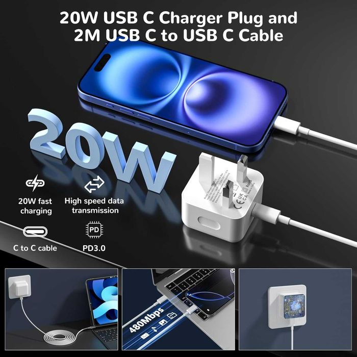 Szybka Ładowarka + Kabel USB-C 2M 20W TYP C DO IPHONE 15 16 17