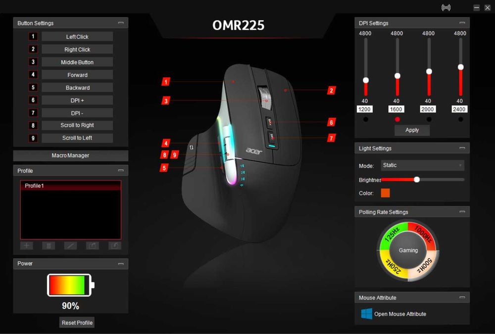 Миша ACER OMR225 (black), безшумна, RGB