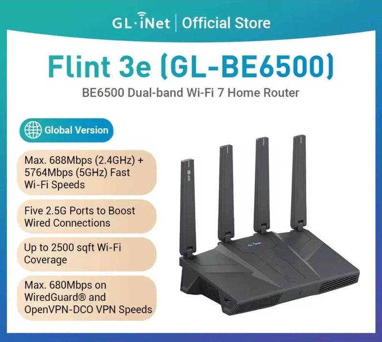 Wi-Fi роутер GL.iNet Flint 3e GL-BE6500, WiFi-7 2.5G OpenWrt VPN USB