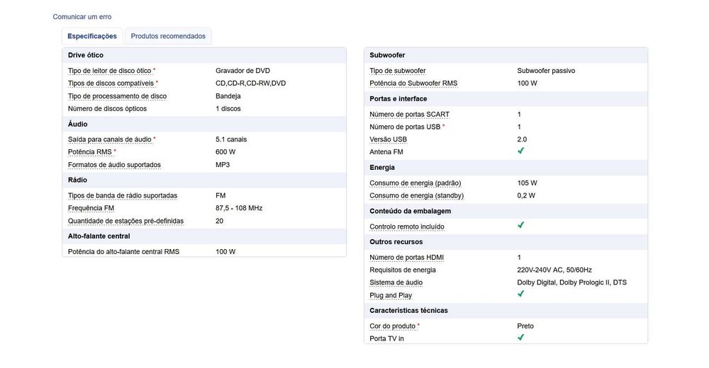 Home Cinema DVD Sony 5.1 canais 600W